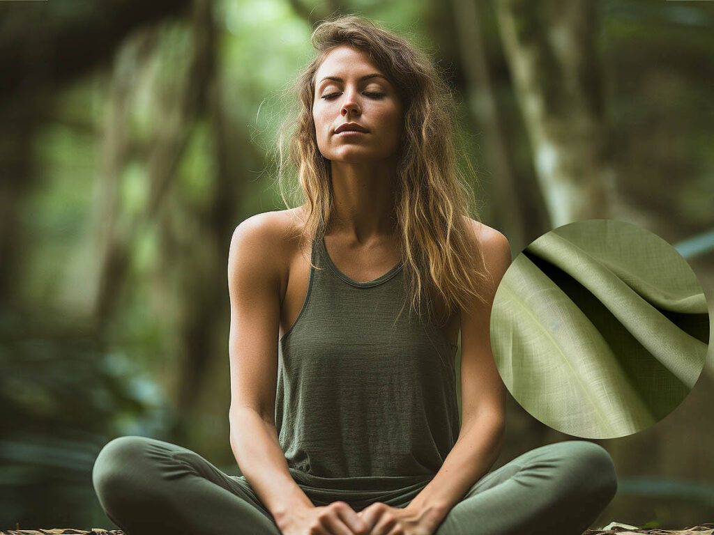 A woman wears yoga activewear made of Hemp fabric solid color