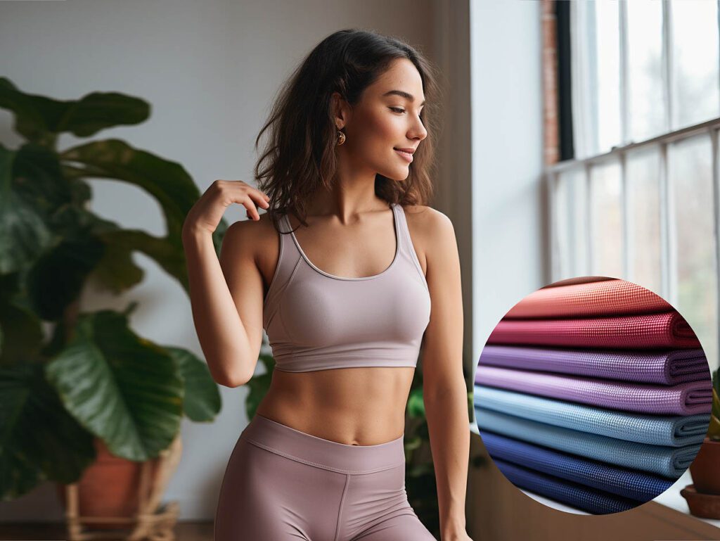 A woman wears yoga activewear made of Trico fabric solid color
