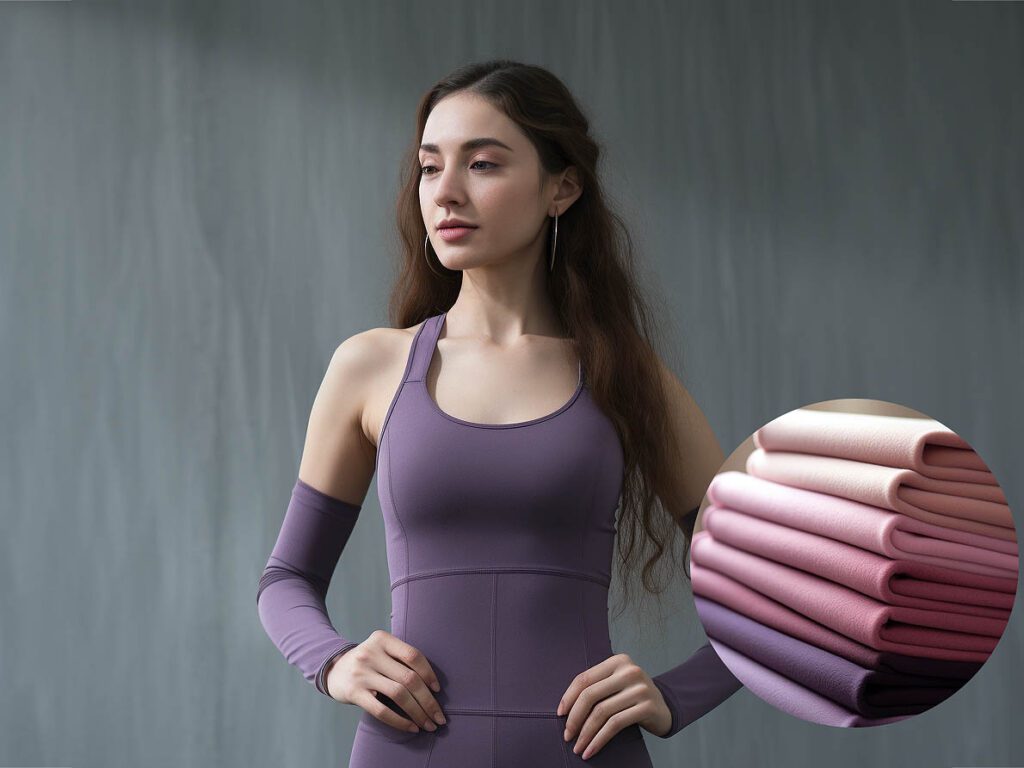 A woman wears yoga activewear made of Wool fabric solid color