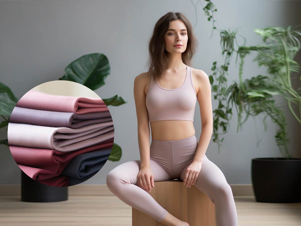 A woman wears yoga activewear made of cotton-wool blend fabric, solid color