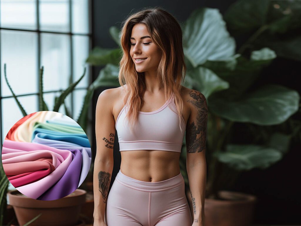 A woman wears yoga activewear made of jersey fabric solid color