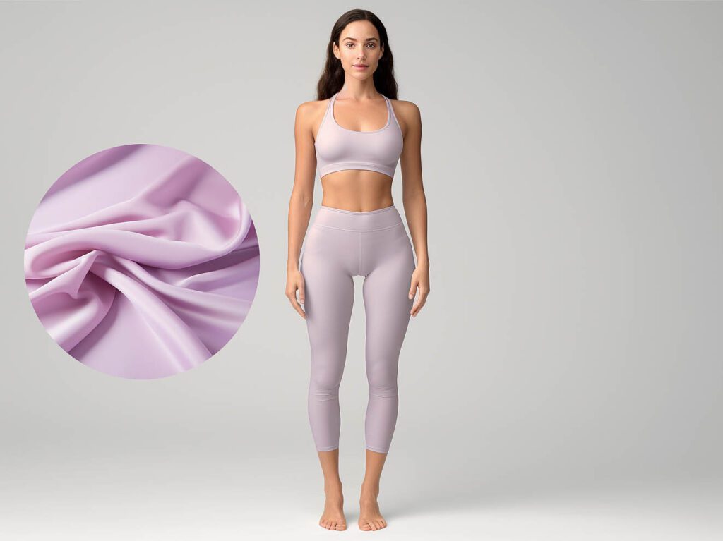 A woman wears yoga activewear made of stretch nylon fabric, solid color