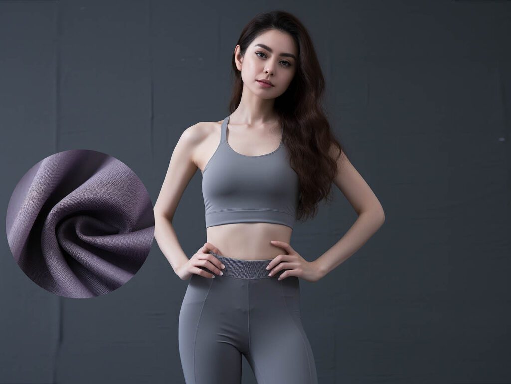A woman wears yoga sportswear made of Bamboo charcoal fiber fabric solid color