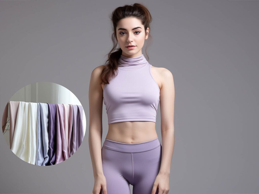 A woman wears yoga sportswear made of Bamboo fiber silk fabric solid color