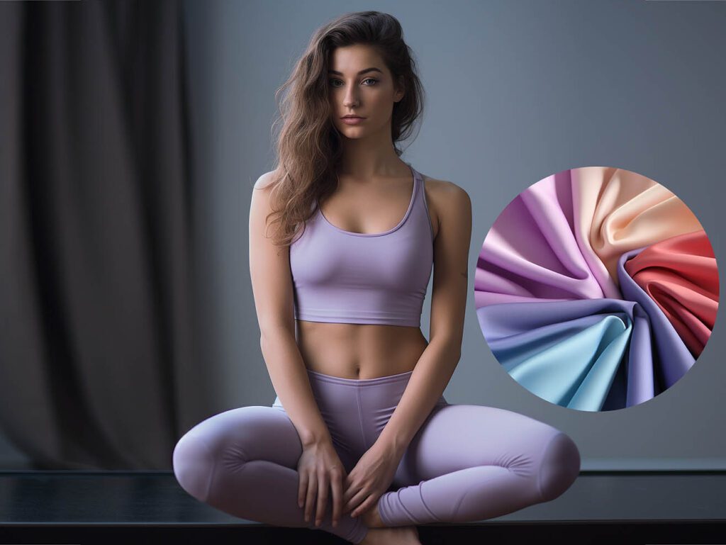 A woman wears yoga sportswear made of Microfiber fabric solid color