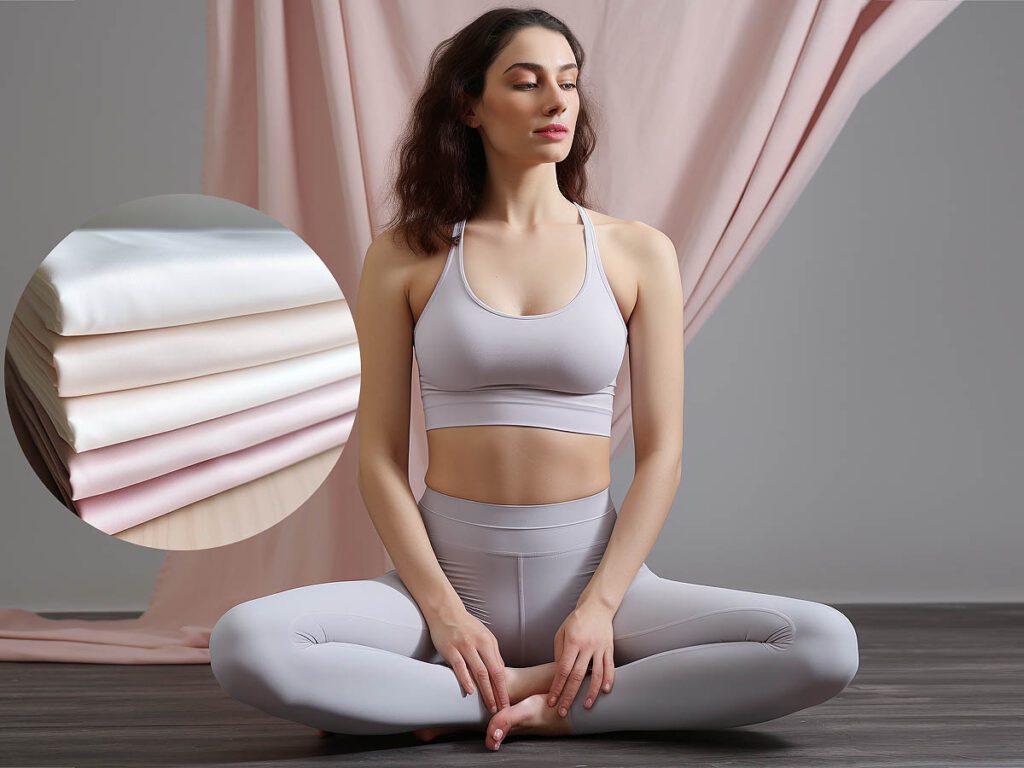 A woman wears yoga sportswear made of Pearl cotton fabric solid color