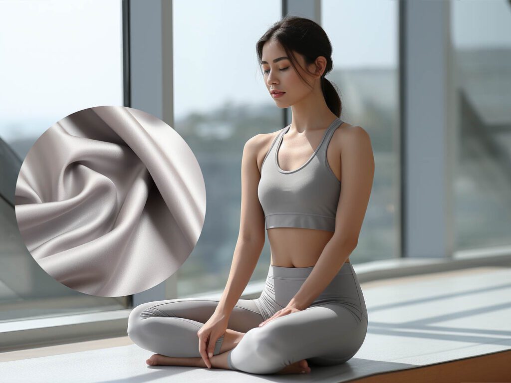 A woman wears yoga sportswear made of silver fiber blend fabric solid color