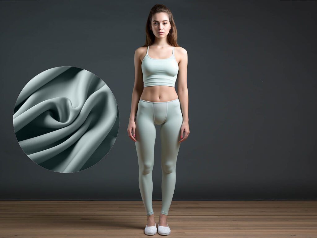 A woman wears yoga sportswear made of spandex blend fabric solid color