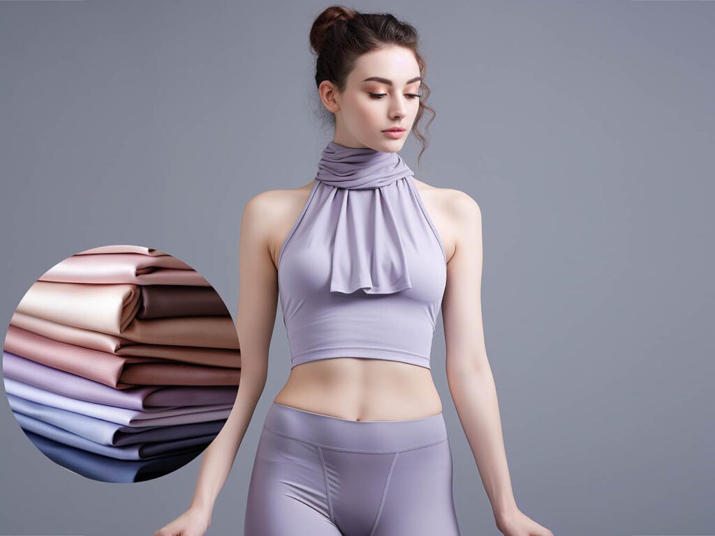 A woman wears yoga sportswear made of wool silk blend fabric solid color