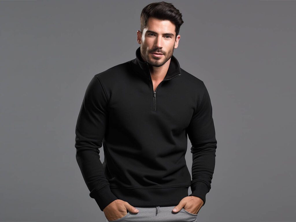 Custom Premium Elastic Quarter Zip Mock Collar Fitness Pullover Sweatshirt Side Pockets Fleece Cotton Polyester Sweatshirt Men