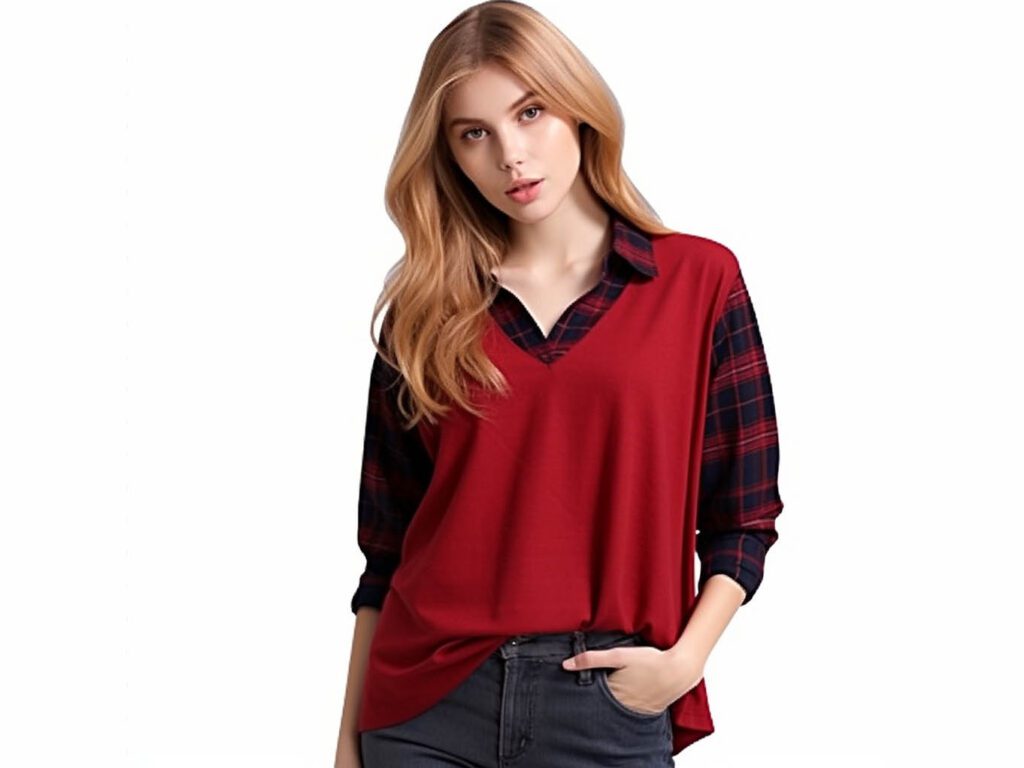 DJT Women's Contrast Plaid Collar 2 in 1 Blouse Tunic Tops