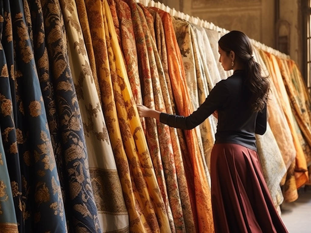 A senior female fashion designer is carefully selecting fabrics for her new design draft