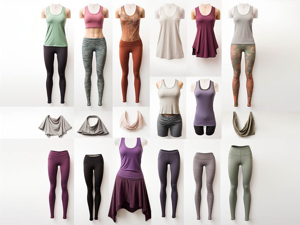 In the picture, various styles of yoga clothes are displayed, including leggings, loose pants, trousers, and various tops, vests, T-shirts, and shirts.