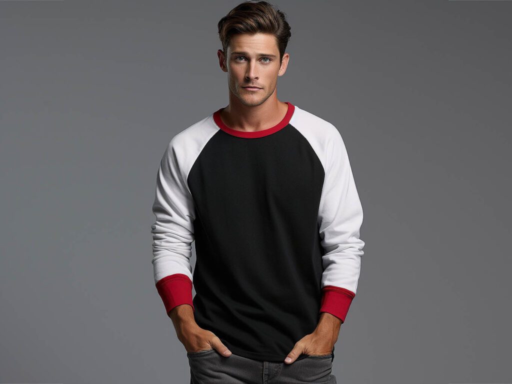 Oem Puff Printing Logo 100%Cotton Fleece Raglan Sleeve Colorblock Design Mens V Neck Sweatshirt
