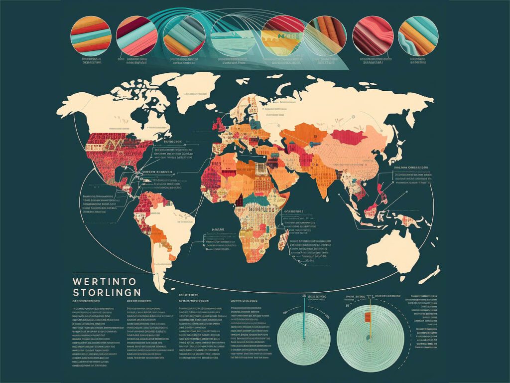 Picture a global map highlighting the origins and journeys of major textiles, encapsulating the textile industry's vast economic and cultural impact.