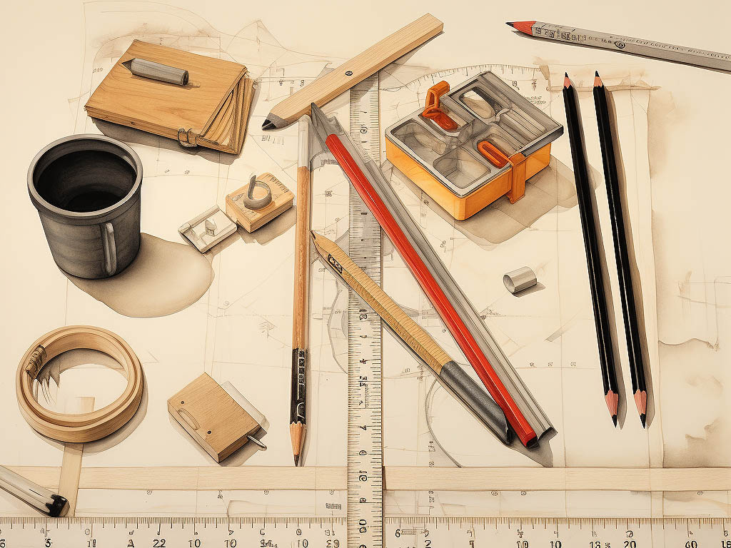 Shown in the screen is a tape measure, pencil, and drawings.