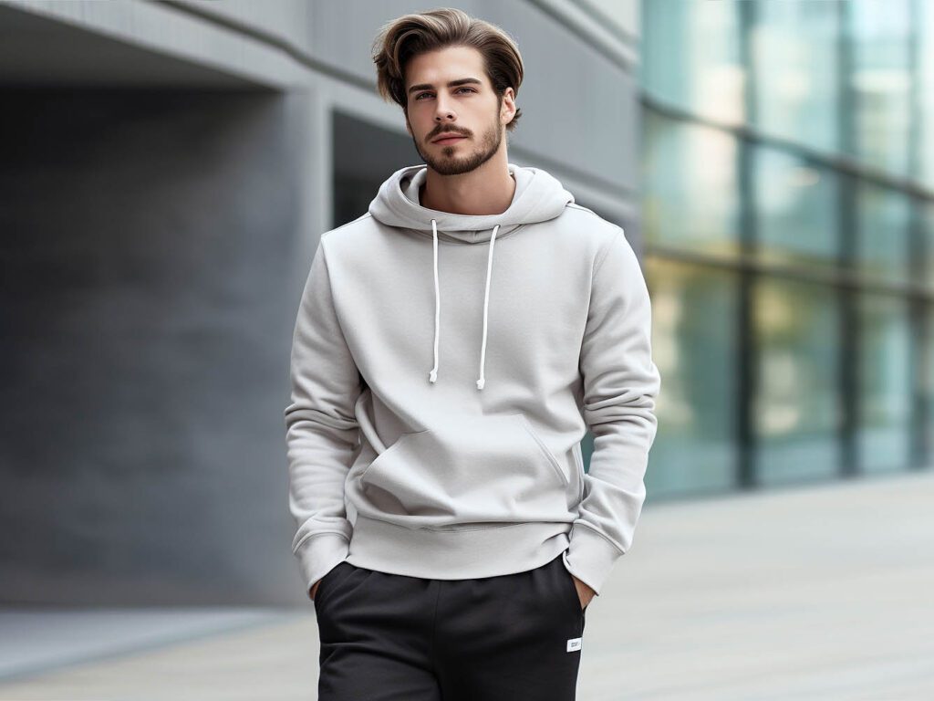 The image captures a stylish man wearing a hooded sweatshirt, or hoodie, demonstrating its evolution from casual streetwear to an essential element of contemporary male fashion.