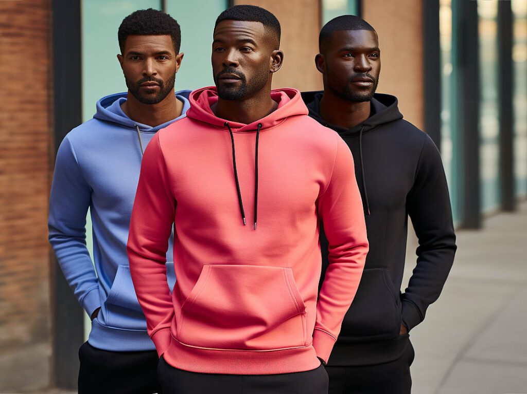 The image captures the influence of the athleisure trend on hooded sweatshirts, illustrating their transition into stylish, comfortable attire.