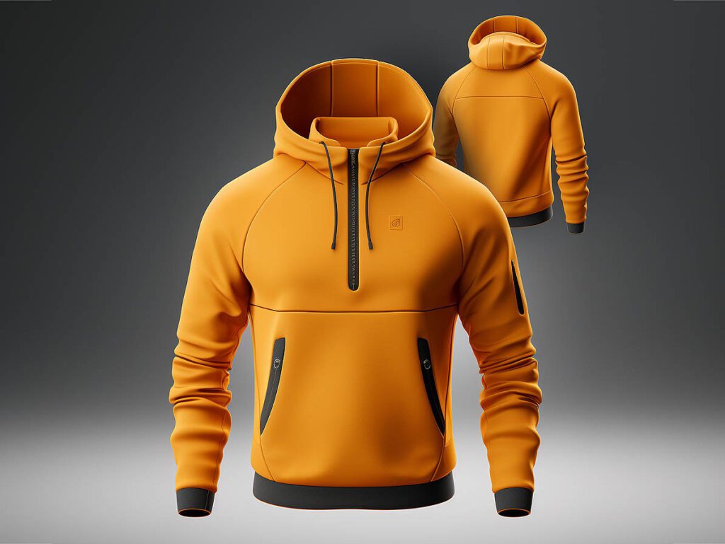 The image concept focuses on fabric technology in premium hooded sweatshirts.