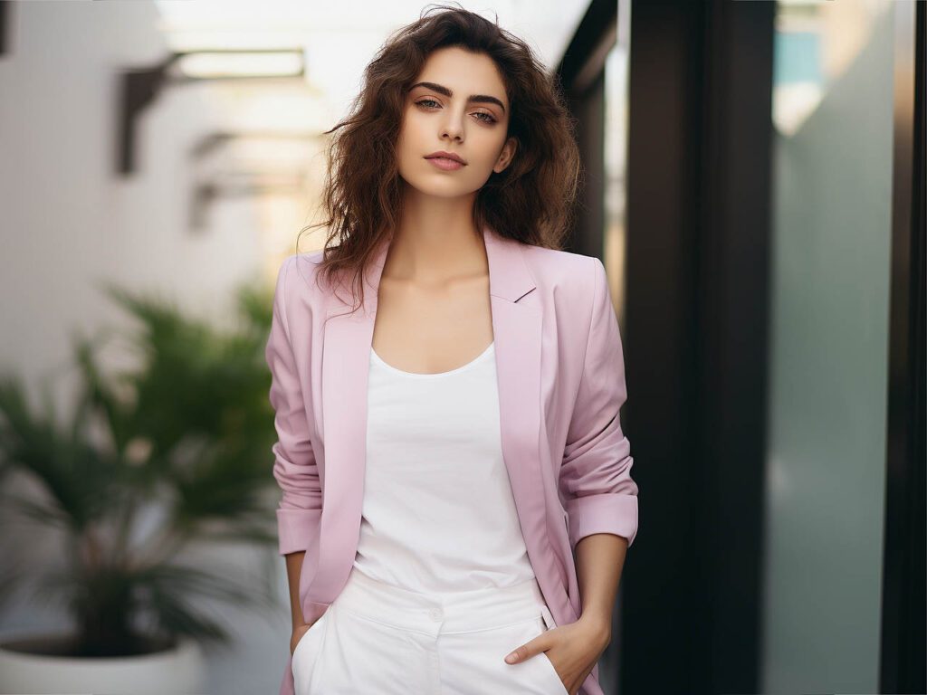 The image envisions a woman, channeling the style of Sonia Lyson, in a white t-shirt paired with a pink blazer, reflecting the 2023 summer fashion trend.