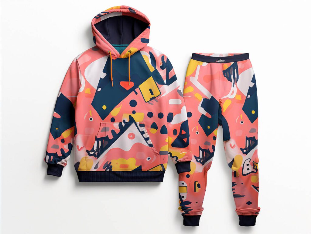 The image shows a customized sweatsuit graphic print with abstract shapes, favorite graphics, and more