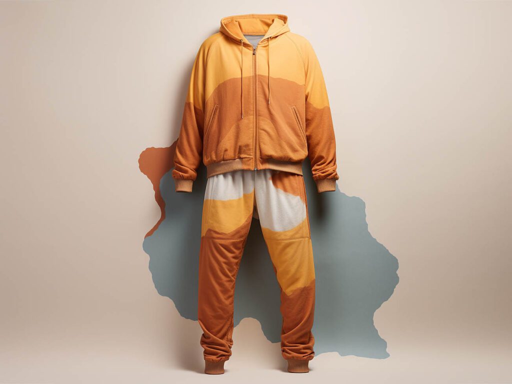 The image shows custom sweatsuit roots creating a unique style by combining different materials, such as mixing cotton with synthetic fibers.
