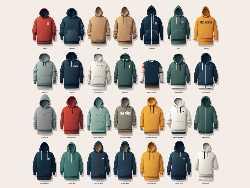 The image summarizes the evolution of hooded sweatshirts from practical clothing to fashion staples.