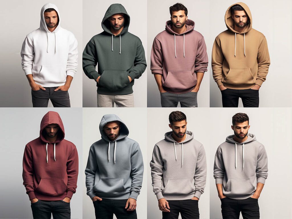 The image summarizes the evolution of hooded sweatshirts from practical clothing to fashion staples.