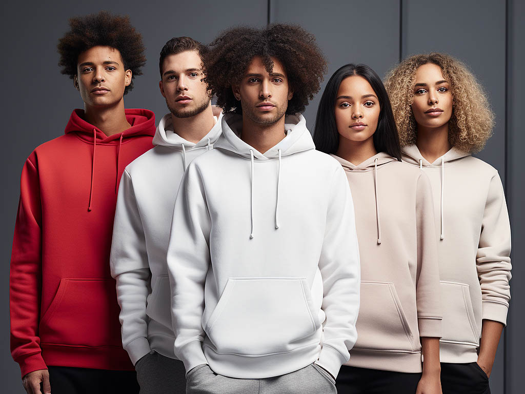 The image summarizes the evolution of hooded sweatshirts from practical clothing to fashion staples.