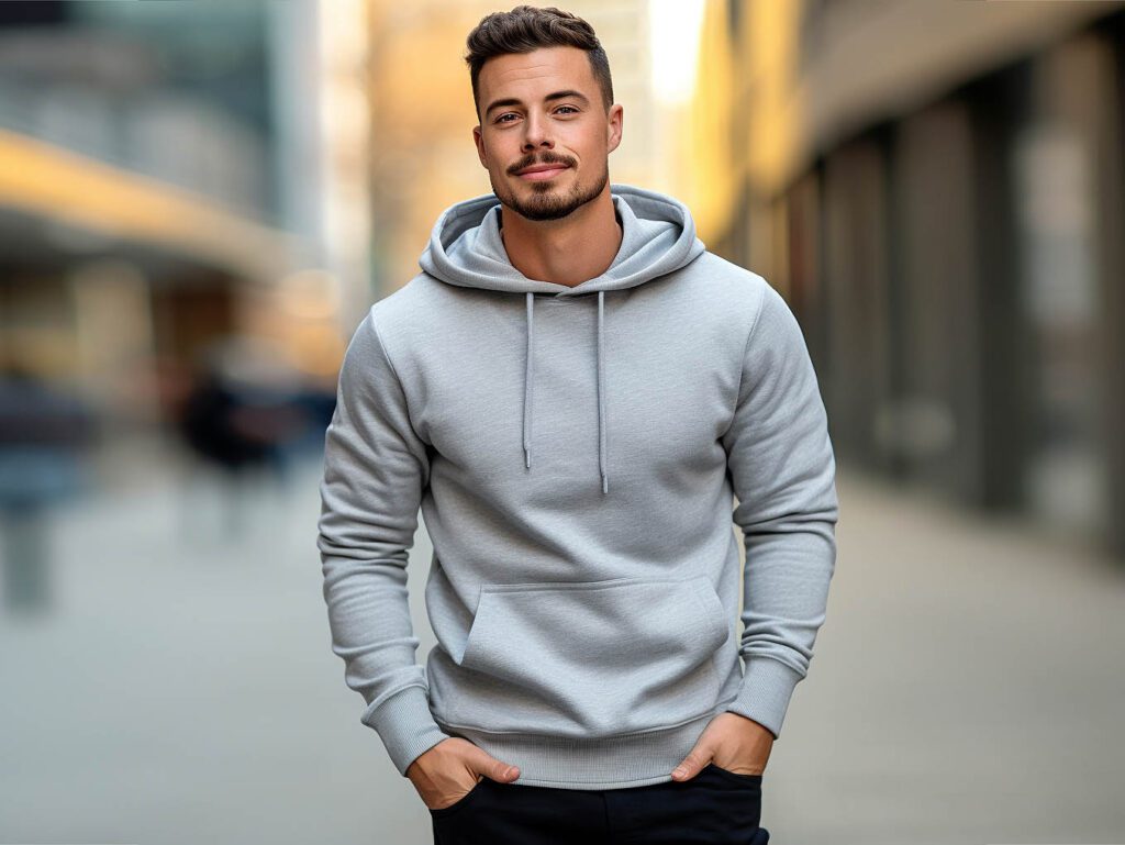 The image would showcase a man selecting the perfect hooded sweatshirt, emphasizing the importance of fit. It highlights a hoodie with a relaxed but tailored silhouette that complements the wearer's body shape.