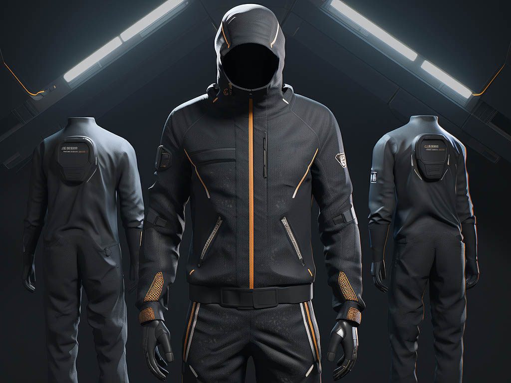 The screen shows the customized sweatsuit adding practical features such as breathable mesh areas, adjustable shoulder straps or zippered pockets depending on the usage requirements.