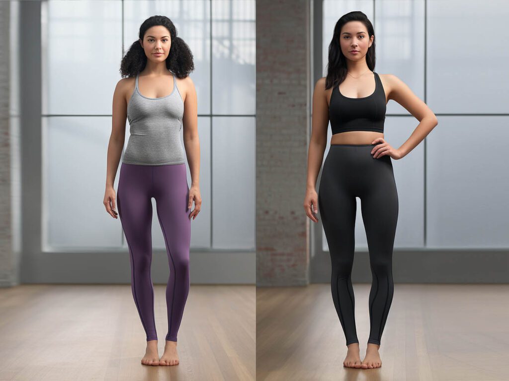 The screen shows the fit of yoga sportswear. On the left is a plump woman wearing yoga sportswear. On the right is a thin woman wearing yoga sportswear.