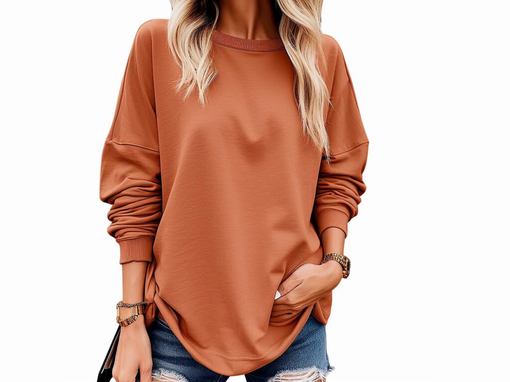 WIHOLL Oversized Sweatshirt for Women Casual Crewneck Pullover Long Sleeve Tops Side Slit Zipper