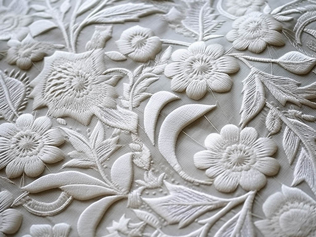 Whitework embroidery is commonly executed on white fabric with white thread, highlighting intricate textures and patterns. 