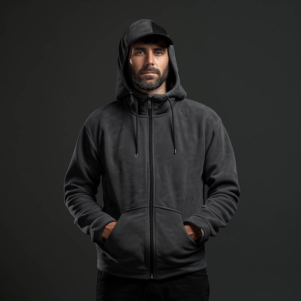 A Man Dressed by Fleece Zip-up hooded sweatshirt made of fabric