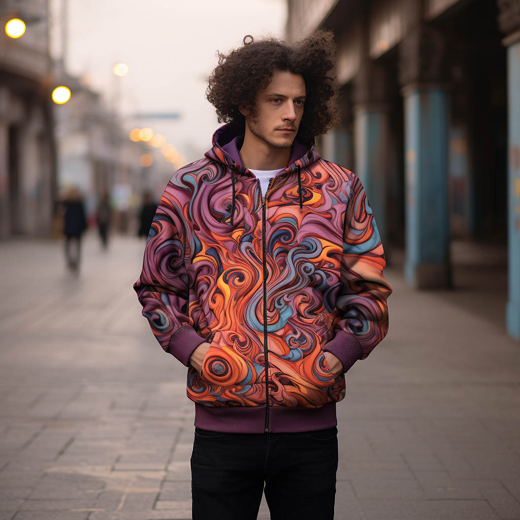 A man wears a zip-up hooded sweatshirt made from Polyester fabric