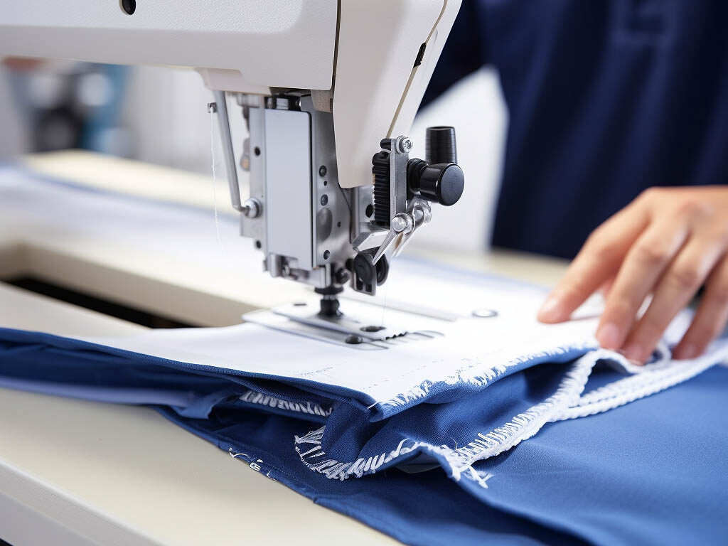 The image showcases the cutting and sewing processes involved in T-shirt manufacturing.