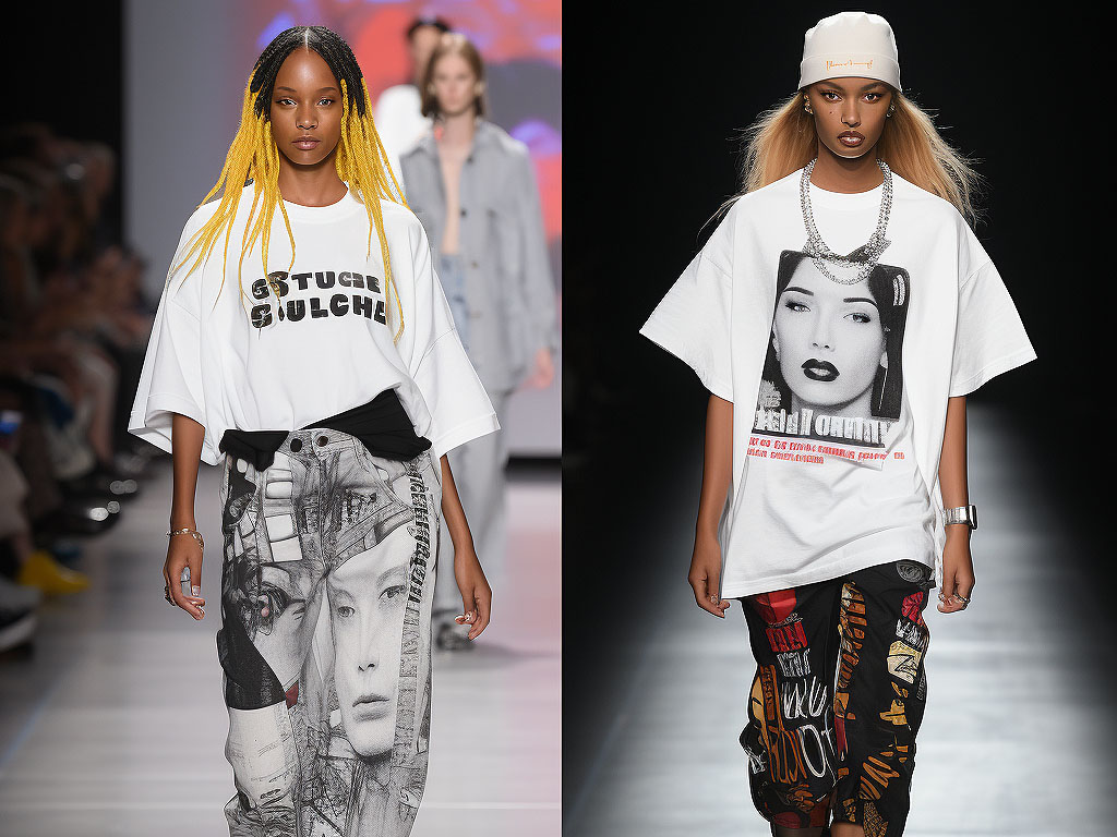 A collage featuring two images side by side. On the left, a group of models walking down the runway wearing oversized 90s t-shirts paired with various bottoms and accessories, showcasing how this trend has been incorporated into high-end fashion collections.