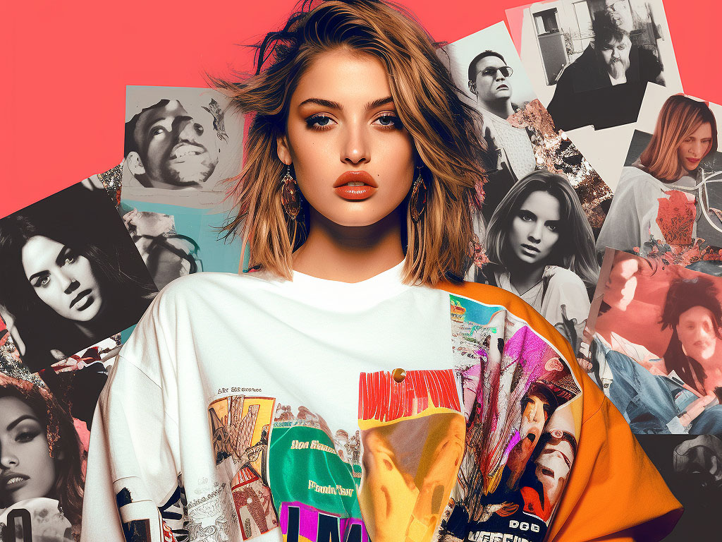 A collage of images featuring celebrities and fashion icons from the 90s wearing oversized t-shirts.