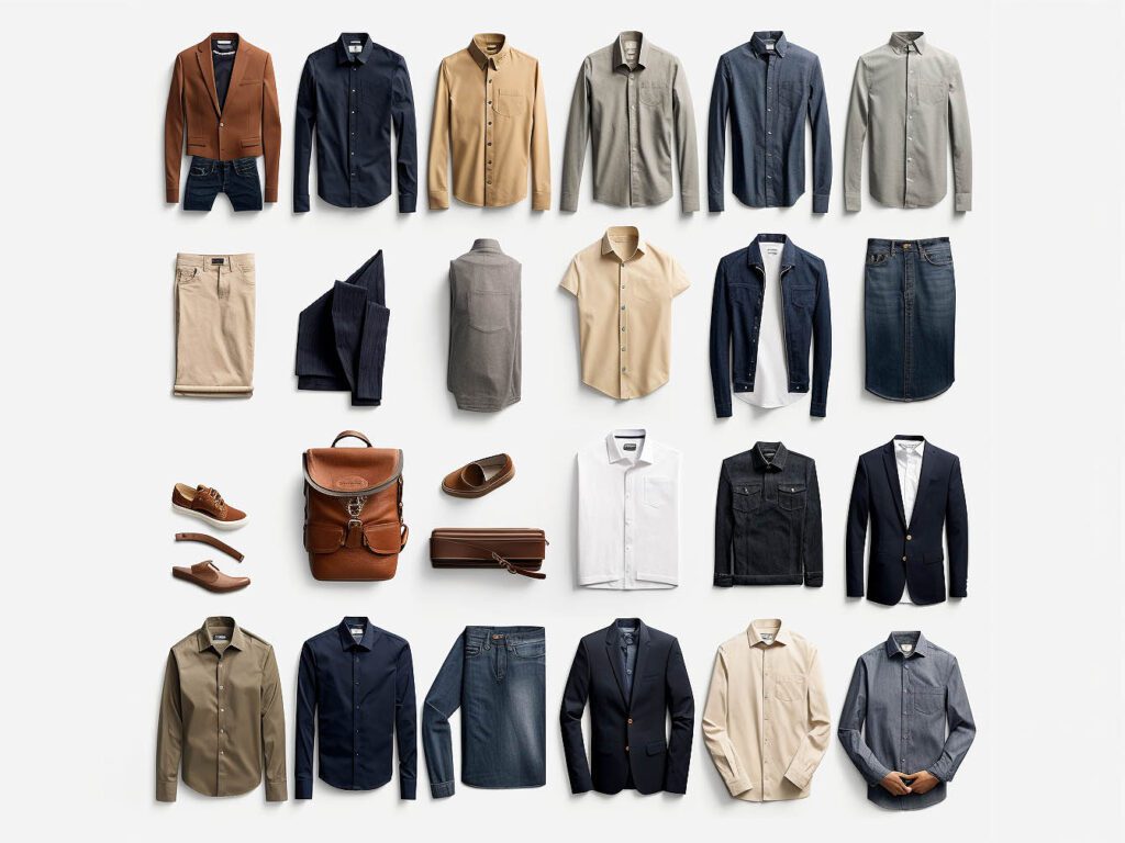 A collage showcasing various outfit combinations featuring essential t-shirts for different occasions