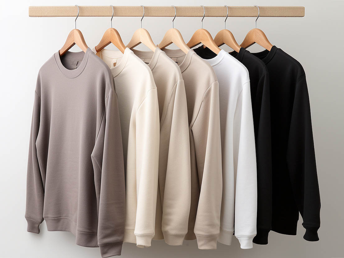 A collection of crew neck sweatshirts in neutral colors such as black, white, gray, and beige.