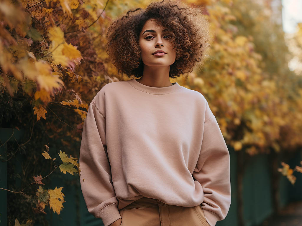 A cozy fall scene with colorful leaves, a gentle breeze, and a person wearing a stylish crew neck sweatshirt, showcasing a relaxed and enjoyable autumn fashion vibe