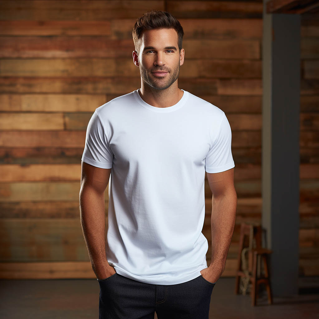 A man dressed by Polyester-Cotton Blend T-shirts made of fabric