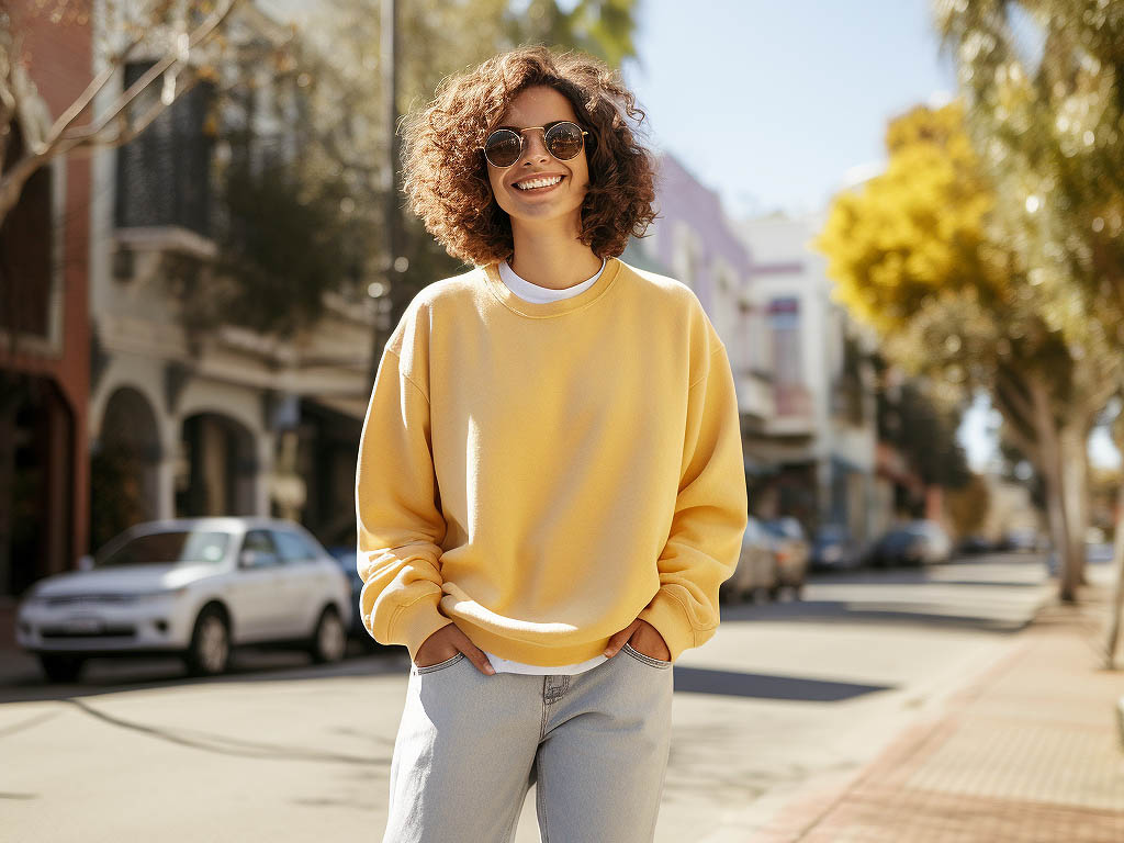 A person wearing a crew neck sweatshirt paired with jeans and sneakers, casually walking down a city street or strolling through a park on a sunny day.