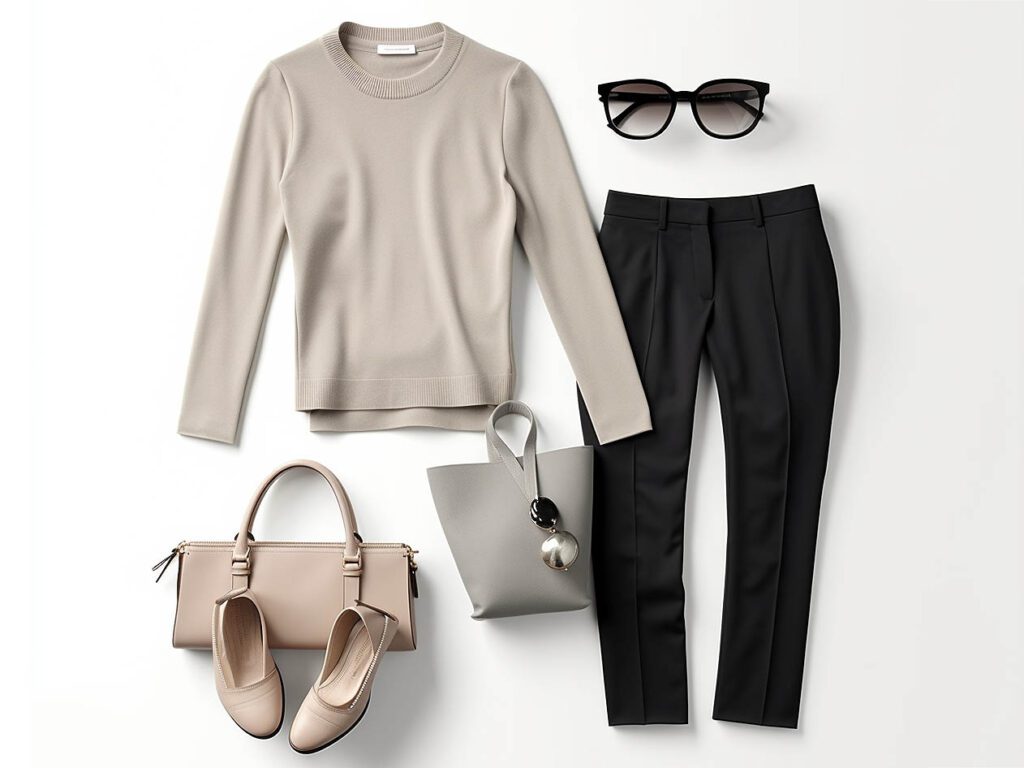 A professional ensemble featuring a crew neck sweatshirt paired with tailored pants or trousers in a neutral color palette such as black or gray