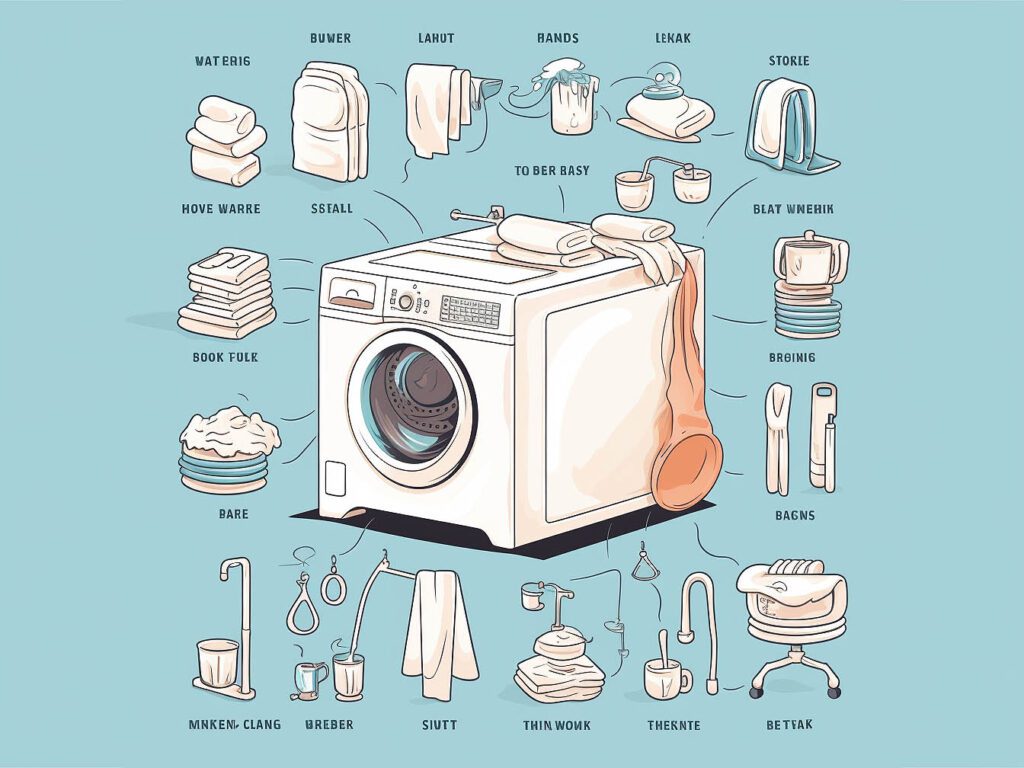 An illustration depicting a set of laundry symbols and instructions for washing, drying, and ironing t-shirts.