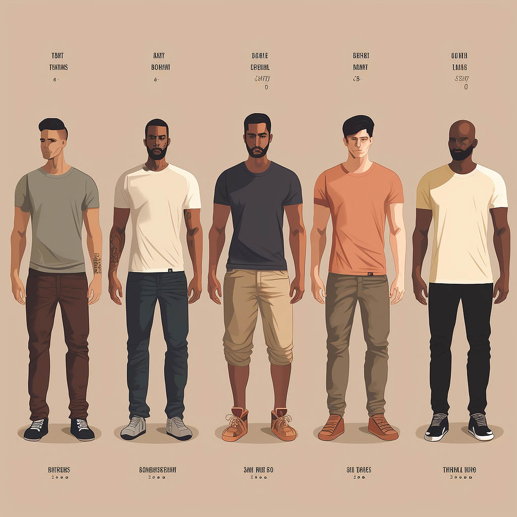 An image displaying various fits and cuts of essential t-shirts, ranging from slim to oversized