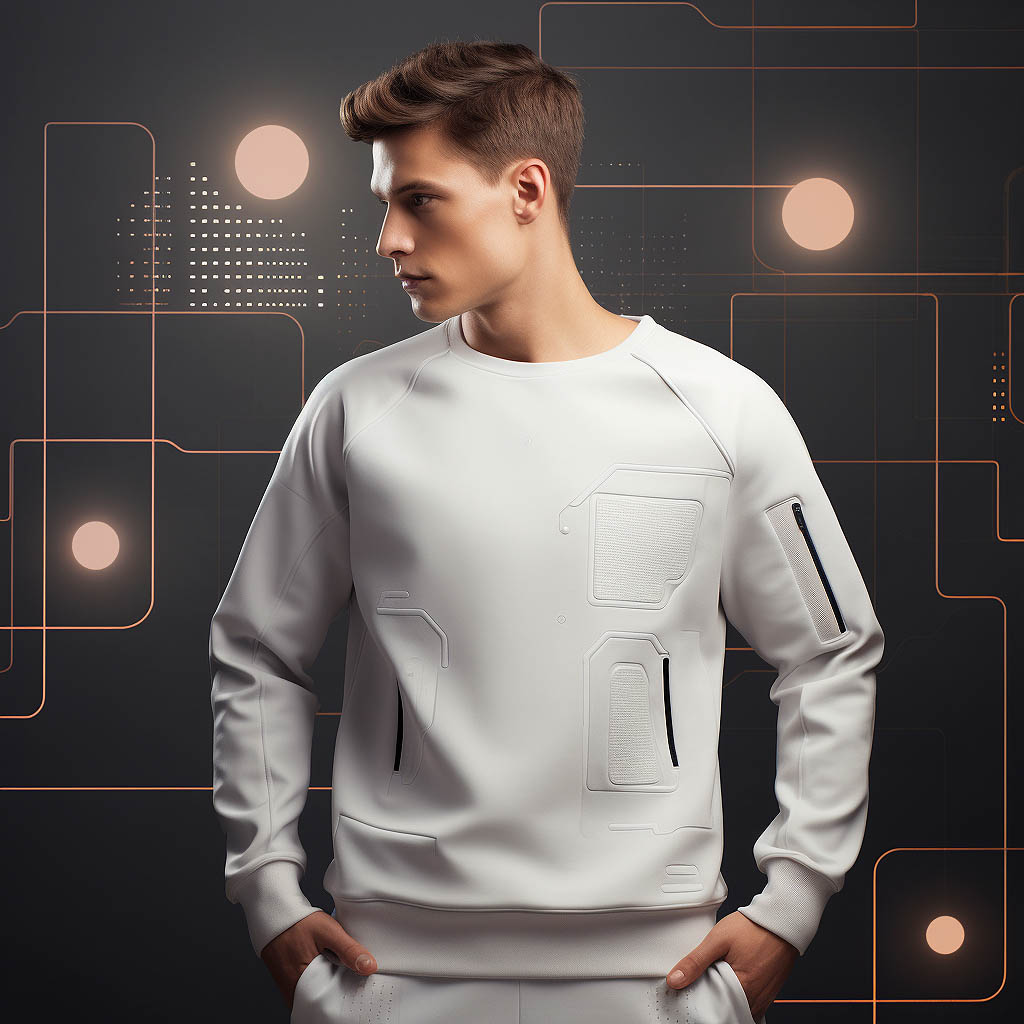An image showcasing the functionalization of details in crew neck sweatshirts, demonstrating how contemporary style trends are integrated with practical features to create activewear that is both stylish and functional.
