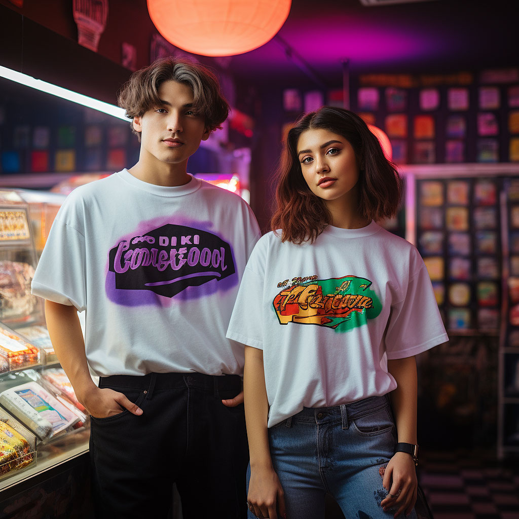 An image showcasing the fusion design of our oversized 90s T-shirts, blending retro elements with modern aesthetics.