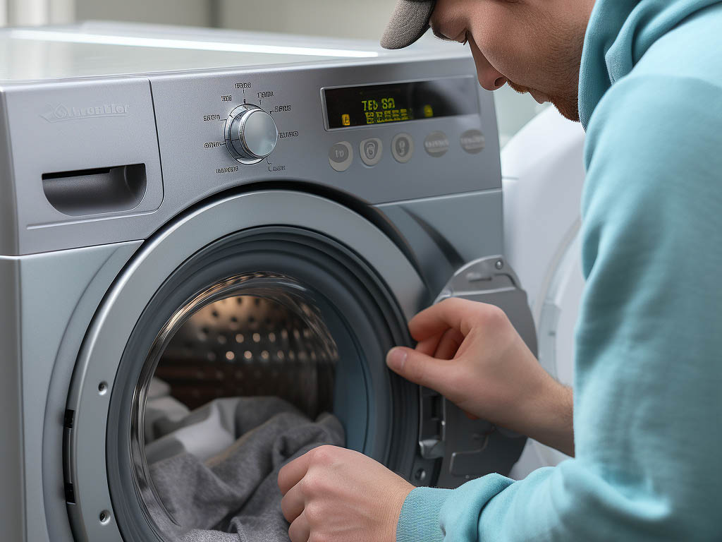 An image showing a person washing a crew neck sweatshirt in a washing machine with mild detergent.
